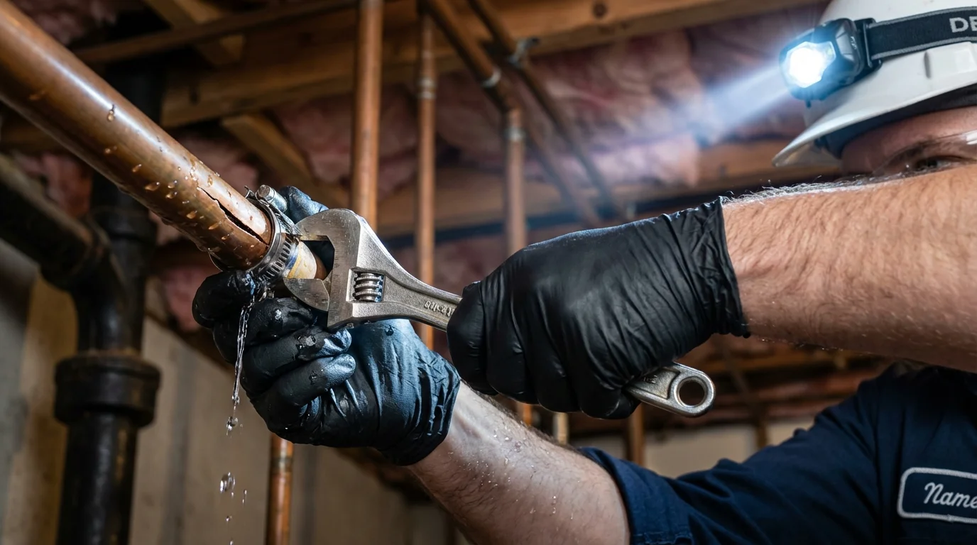 Emergency pipe clamp repair being performed by a Johns Plumbing LLC plumber in Oxnard