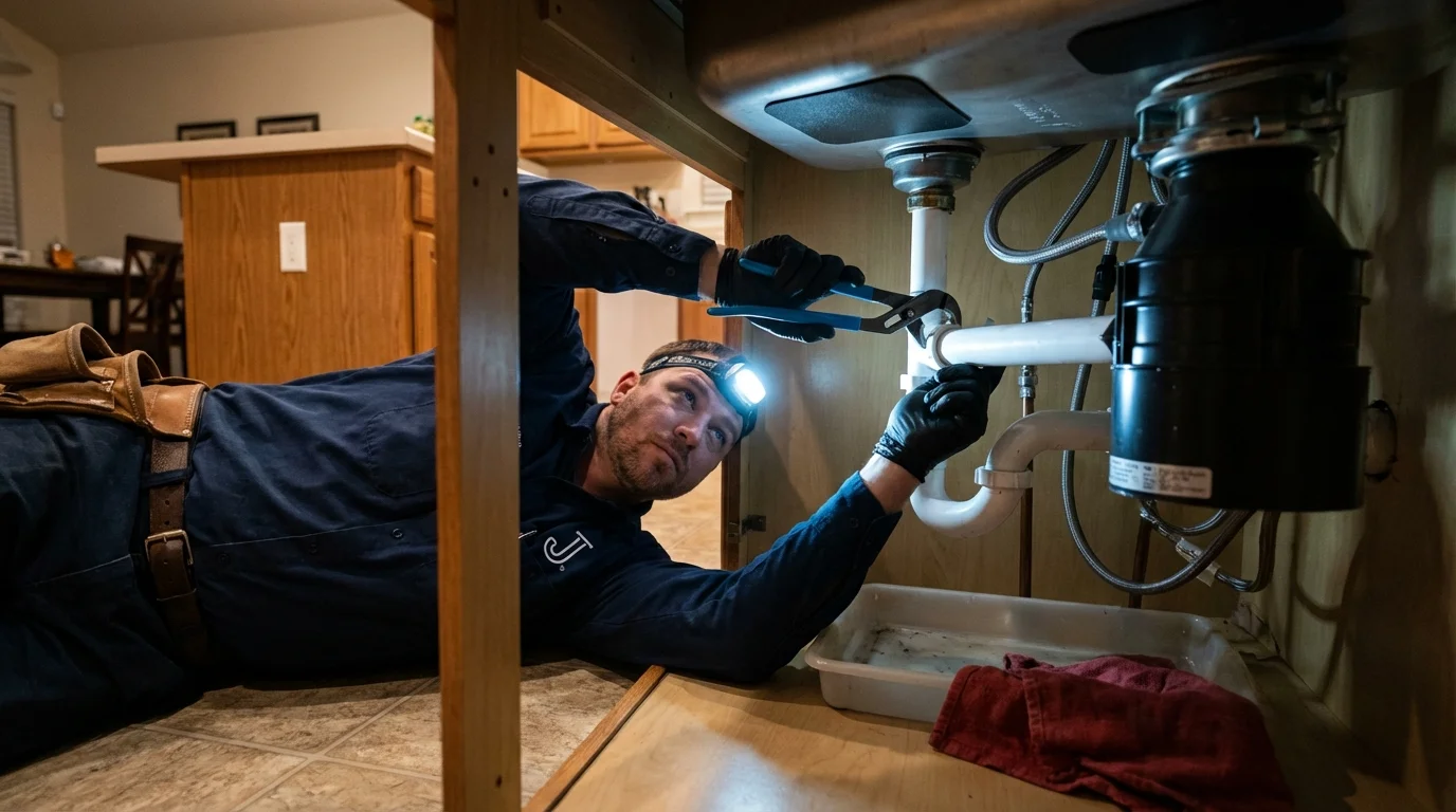 P-trap and supply line connections under a kitchen sink showing a common leak point in Oxnard, CA